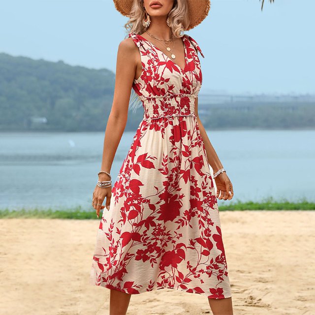 Puntoco Vestidos Mujer Verano Moda Mujer Verano Impreso Sin Mangas Camis V-Cuello Sin Espalda Vestido Casual