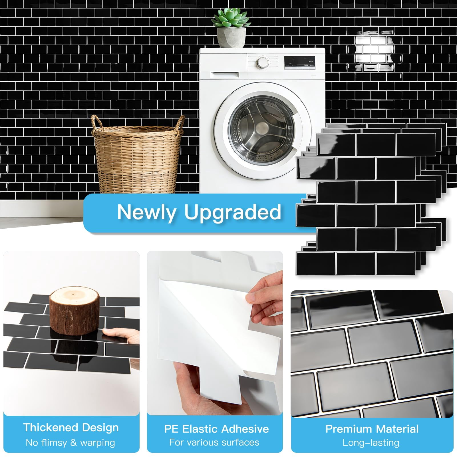 Peel And Stick Black With Grout Wall Tiles - 10-pack Of 12 X12 Thickened Design Backsplash  Self-adhesive Tile For Kitchen & Bathroom Decor