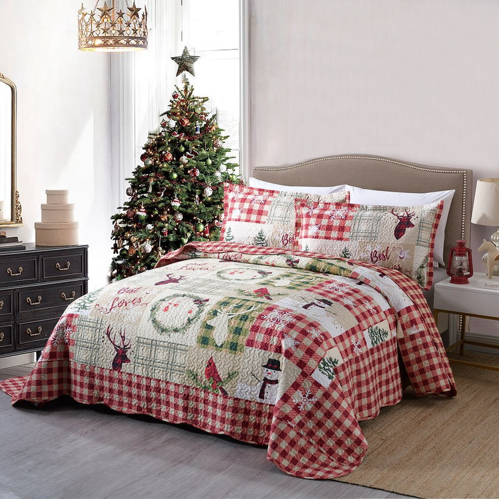 Oliven Red Gray Christmas Reindeer Bedding Bedspread Full/Queen Size Lightweight Thin Portable Quilts Set Moose Snowflake Xmas Coverlet Blanket Bed Cover with 2 Standard Pillowcases