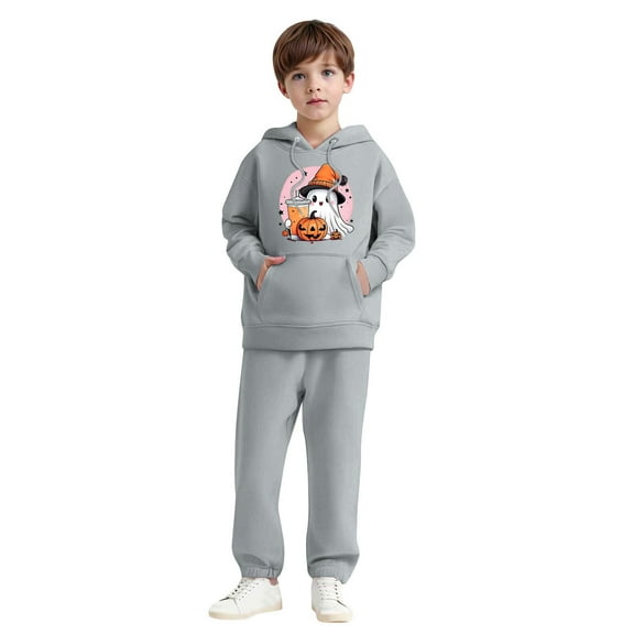 SYMOID Boys Hall-oween Costume Set Gray 2-Piece Ghost Pumpkin Print Sweatshirts, Hoodie & Jogger Pants Soft Fleece Outfit,Size 3 T