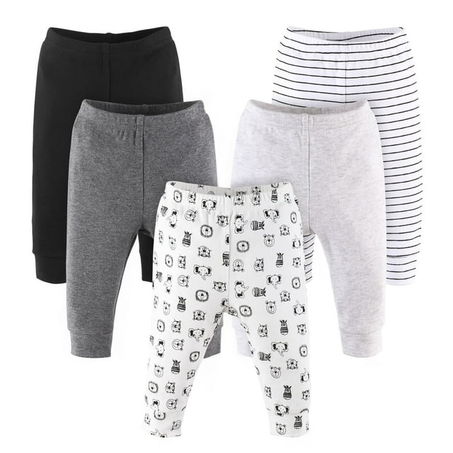 The Peanutshell Baby Boy or Baby Girl Pants Set, 5 Pack, Grey Safari Animals