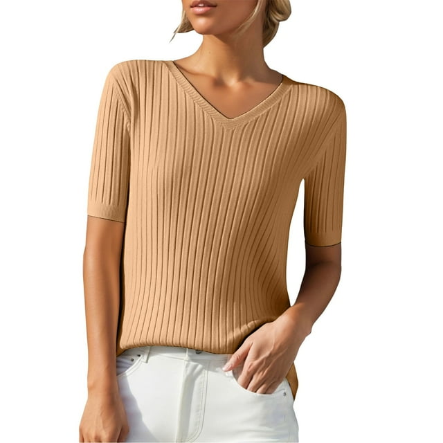 Chandails d'Automne d'Hiver Grande Taille pour Femmes T-Shirt Ample à Col Rond à Manches Courtes pour Femme avec Bas en Tricot Haut Court Or TTG