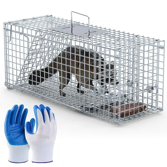 Upgraded 25.6" Humane Live Animal Cage Trap Heavy Duty Folding Squirrel Trap Live Raccoon Trap for Stray Cats Raccoons Squirrel Skunk Mole Catch and Release