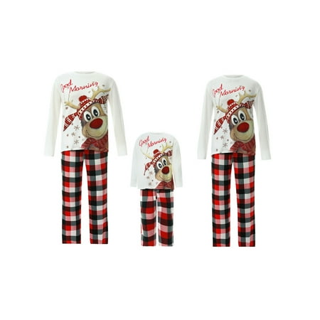 

Huakaishijie Parent-Child Christmas Nightclothes Long Sleeve Round Neck Elk Print Tops + White Red Plaid Trousers 2Pcs Set
