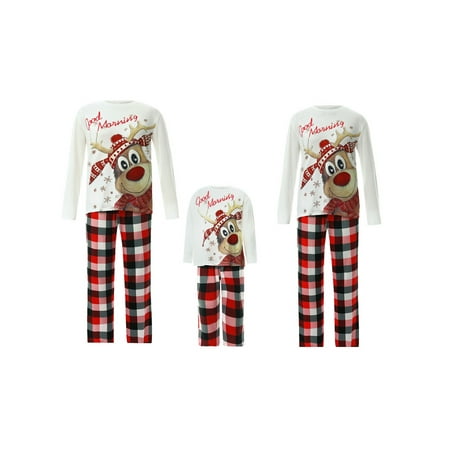 

Peyakidsaa Parent-Child Christmas Nightclothes Long Sleeve Round Neck Elk Print Tops + White Red Plaid Trousers 2Pcs Set
