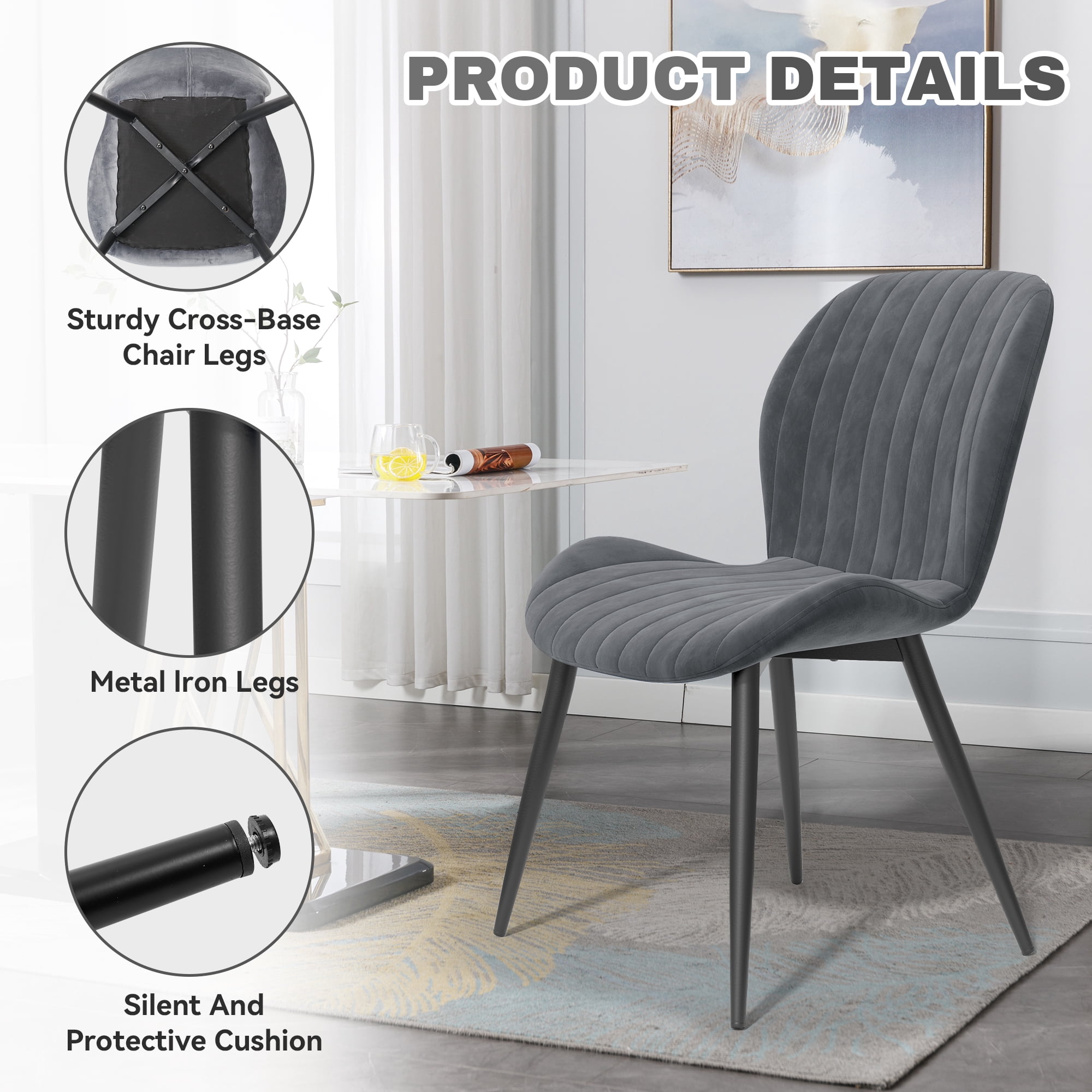 Hawsaiy Modern Velvet Dining Chairs Set of 6,Upholstered Armless Chairs with Metal Legs and Thick Cushions,Dark Gray