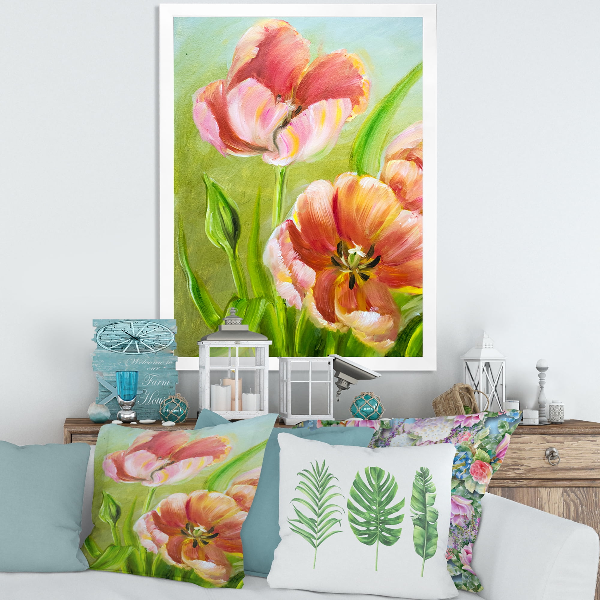 Designart 'Ancient Red Tulips Flowers III' Traditional Framed Art Print