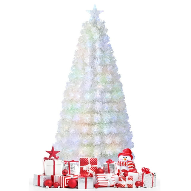 Gymax 6 FT Pre-Lit Fiber Optic Christmas Tree White Snow-Flocked Artificial Christmas Tree
