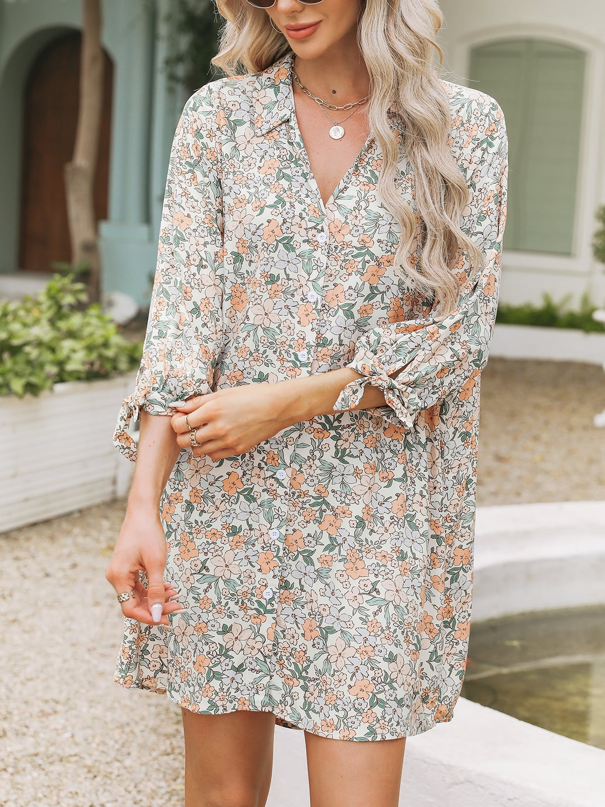 CUPSHE Women Floral Shirt Beach Cover Up Dress 3/4 Sleeve Cuff Tie Button  Down Mini Summer Dresses Cover Ups Vacation - Walmart.com