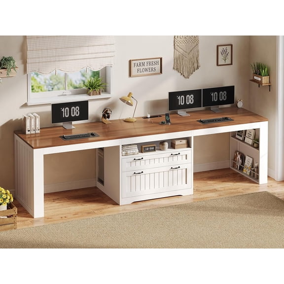 SEDETA 94.5" Two Person Desk, Long Farmhouse Computer Desk with Power Outlet & Large File Drawer, Double Workstation with Storage Shelves for Home Office, White Brown