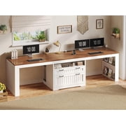 SEDETA 94.5" Two Person Desk, Long Farmhouse Computer Desk with Power Outlet & Large File Drawer, Double Workstation with Storage Shelves for Home Office, White + Brown