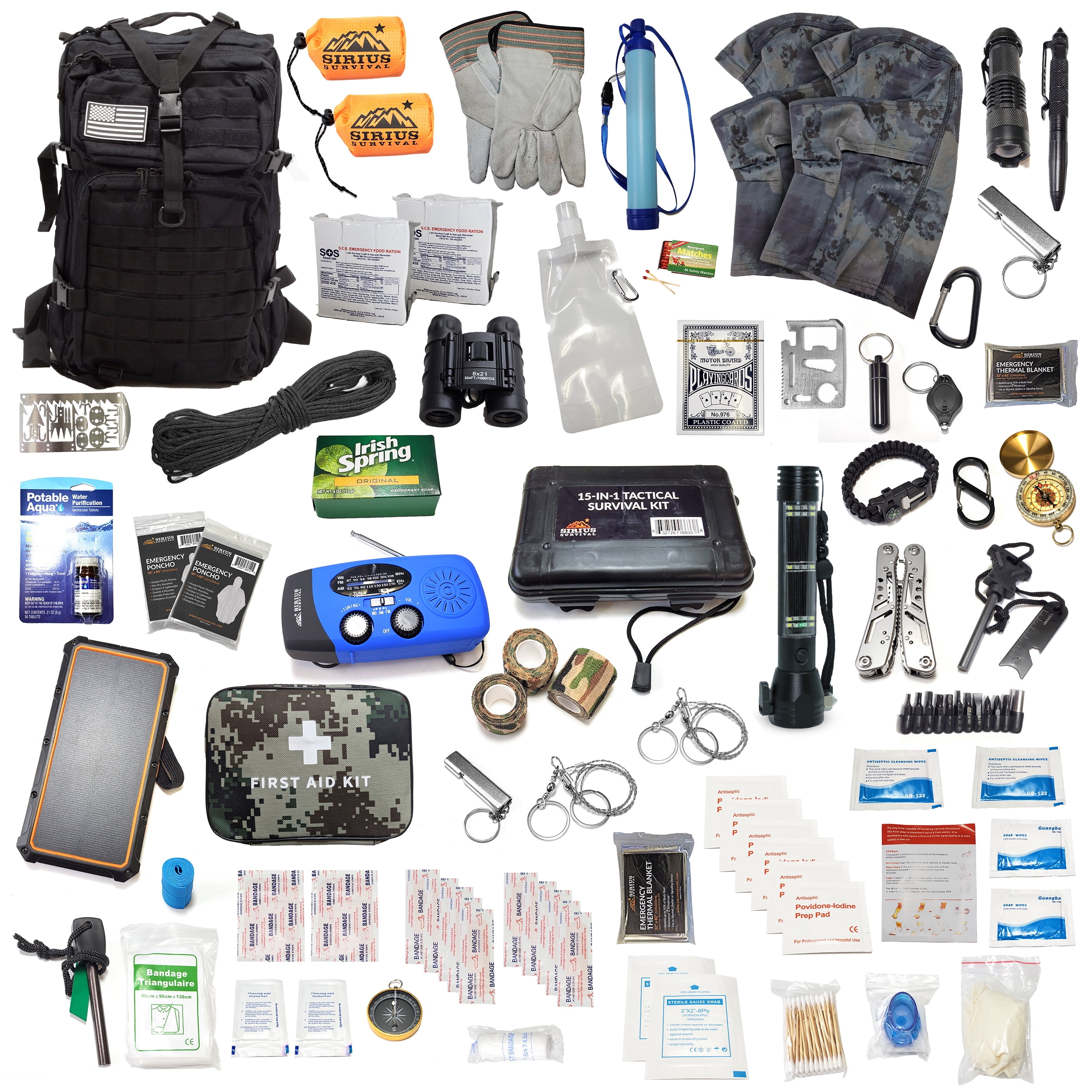Sirius Survival Pre-Packed Emergency Survival Kit/Bug Out Bag for 2 - Over 150 Pieces, Black