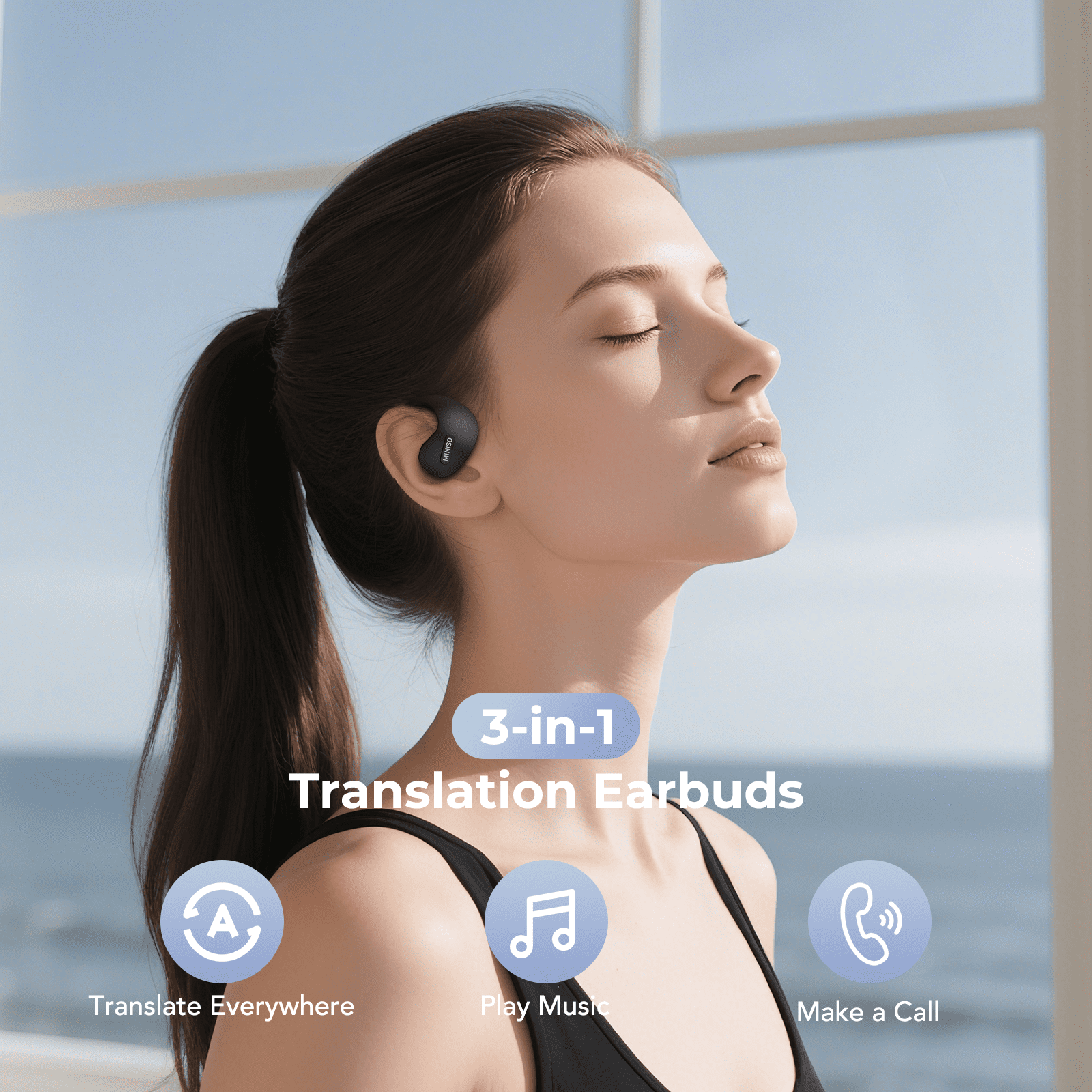 MINISO X15 Bluetooth 5.4 Wireless Open-Ear Headphones - AI Translator, Noise-Cancelling Earbuds, 130+ Languages, 40H Playtime, IPX5 Waterproof, Black + Earbud Case