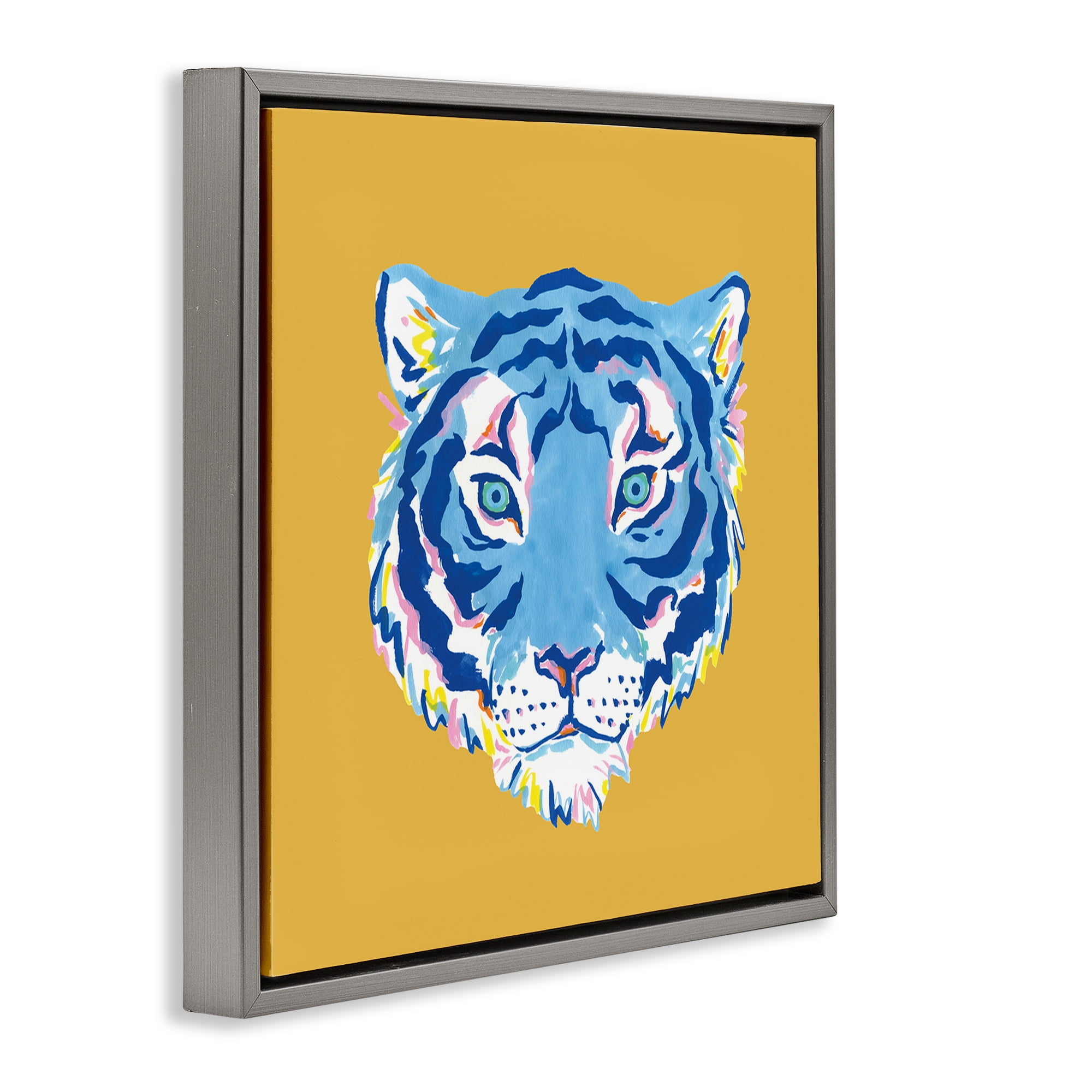 Stupell Industries Blue Tiger over Yellow Gray Framed Floater Canvas Wall Art, design by Karolina Sato