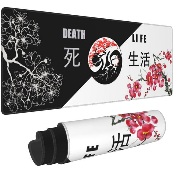 Black and White Gaming Mouse Pad with Japanese Cherry Blossom, Extended XL Yin Yang Large Mousepad with Stitched Edges, Big Long Death and Life Desk Mat for Desktop, Keyboard, Computer 31.5*11.8 Inch
