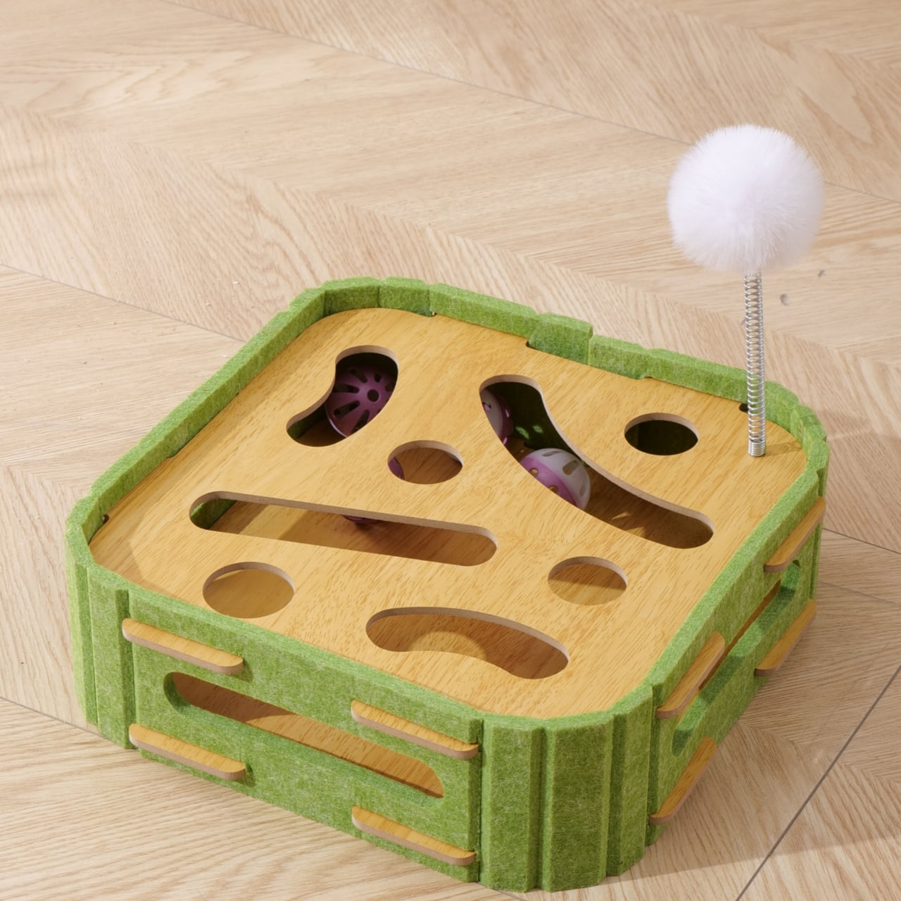 ZephyPaws  12in Eco-Friendly Cat Scratcher Toy with Interactive Balls for Kitten,Felt Sisal Multipurpose Cats Play Board for Playing Clawing Square Design,Green Yellow