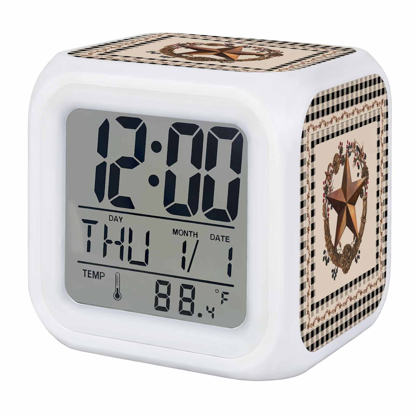 Alarm Clocks Barn Star Texas Digital Clock 7 Color LED Night Light Silent Non-Ticking Battery Operated Berry Wreath Country Black Plaid Cube Clocks for Bedroom Bedside Living Room Office School