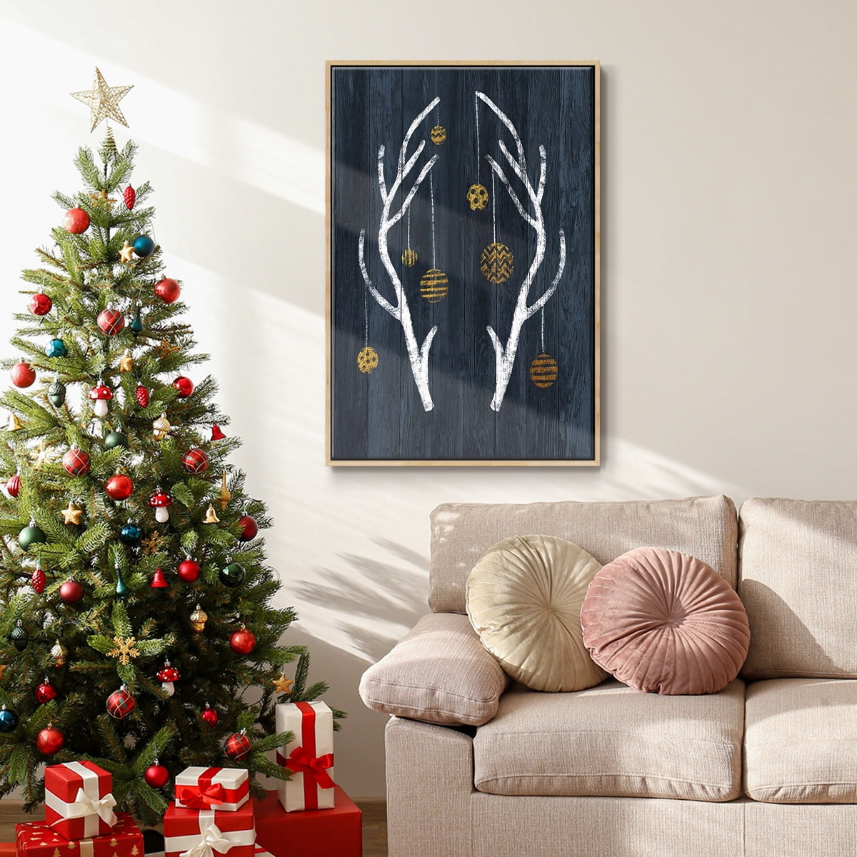Antlers & Ornaments - Framed Gallery Wrapped Holiday Canvas - 17 x 25 - Natural Wood Frame