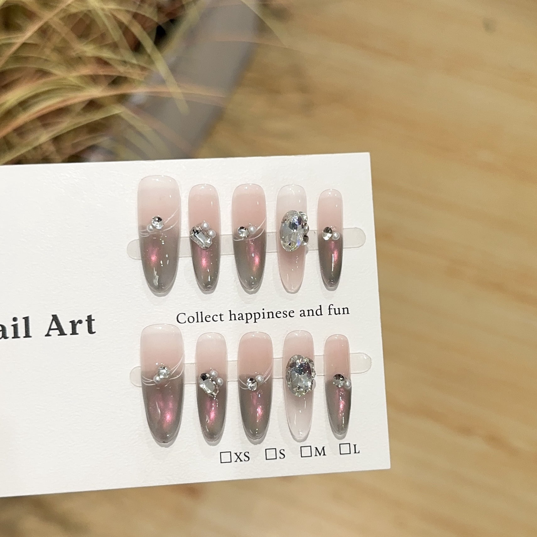 Purely handmade nail, advanced sense nebula gray pink cat eye nail art piece, long light luxury stack diamond fake nail patch