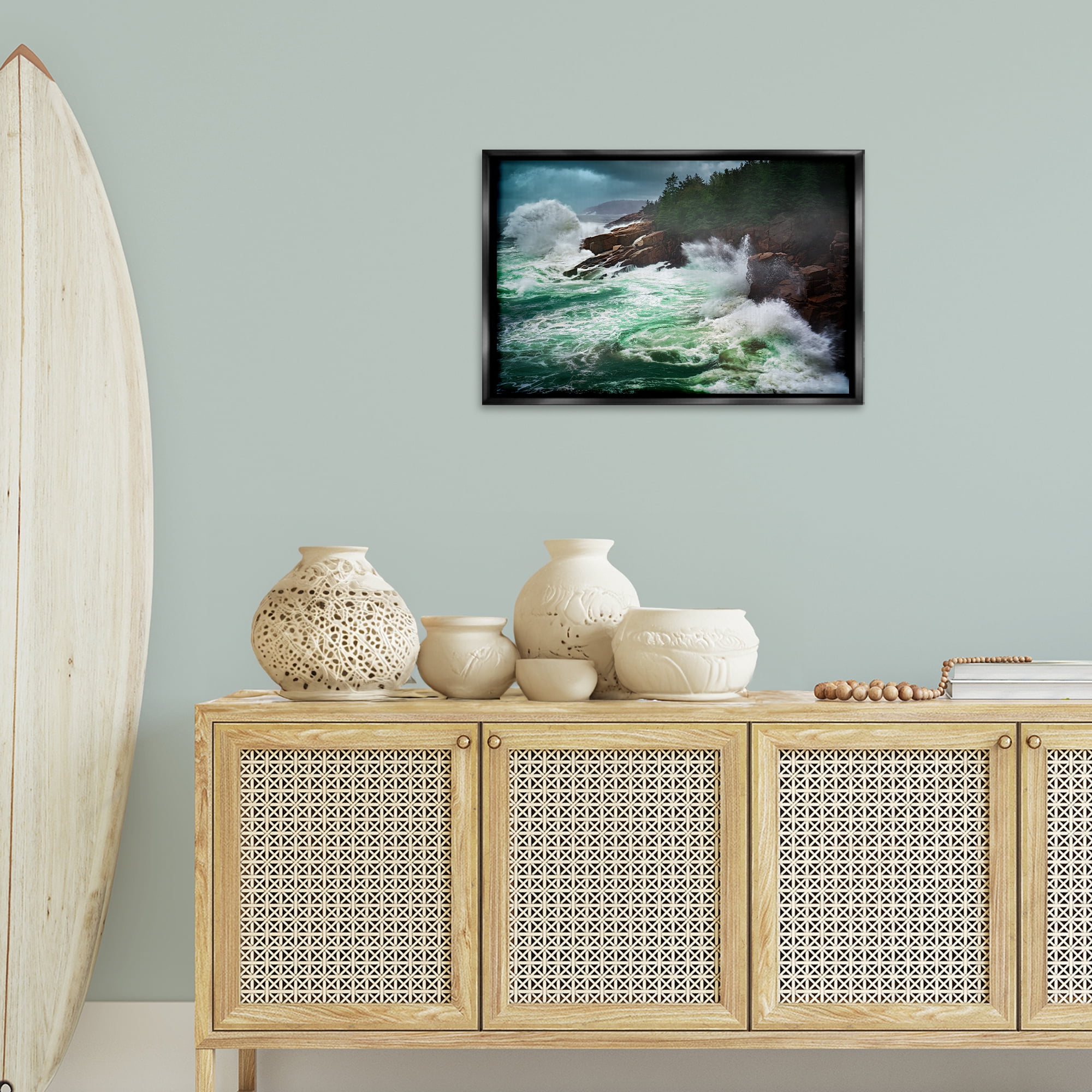Stupell Industries Strong Crashing Waves Nautical & Beach Photography Black Floater Framed Canvas Art Print Wall Art, 25 x 17