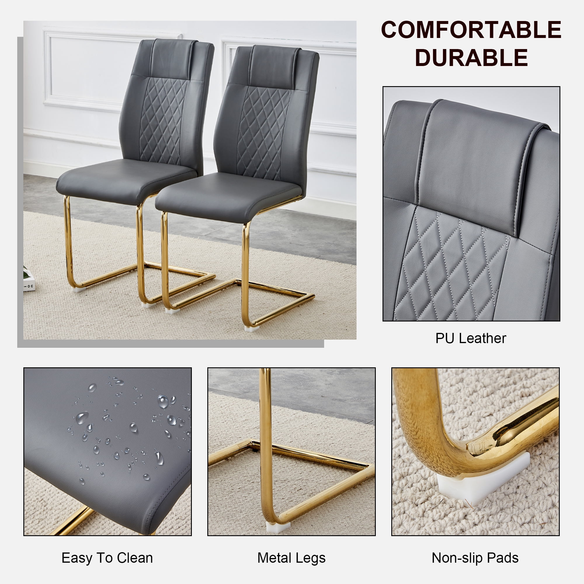 NYEESS Set of 4 Dark Gray Armless Dining Chairs with Waterproof Faux Leather Upholstered Seat Gold Electroplated Metal Frame for Kitchen Dining Room