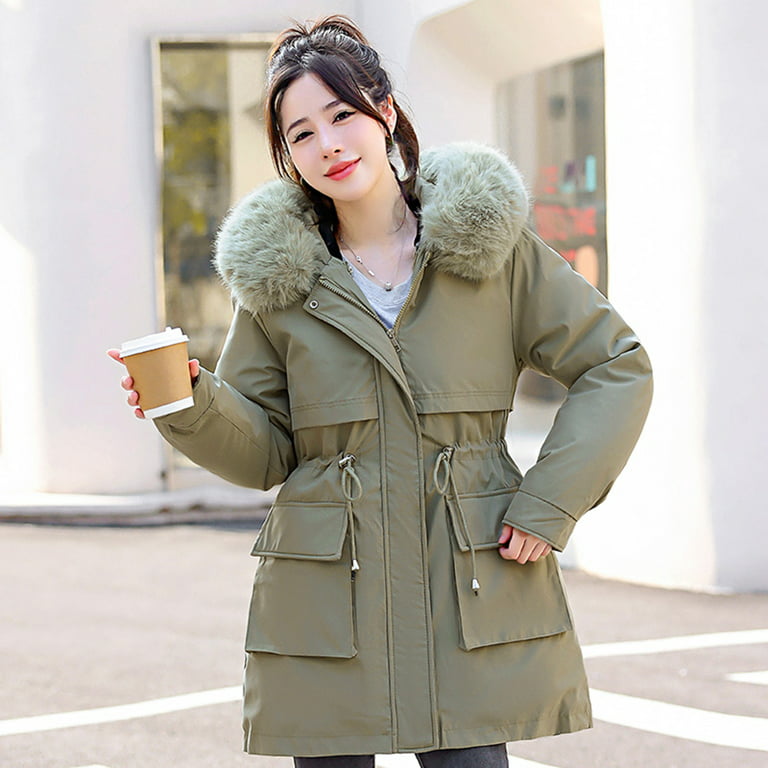 Olyvenn Fashion 2023 Trendy Womens Warm Faux Coat Jacket Winter Solid Long Sleeve Hooded Outerwear Cold Weather Thicken Furry Lined Thermal Down