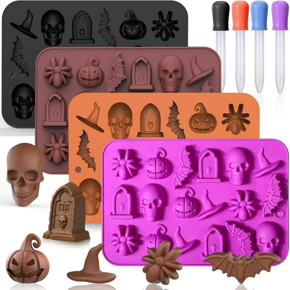 Halloween Molds, 4Pcs Skull Silicone Molds for Chocolate, 3D Halloween Chocolate Molds Silicone with Skull Pumpkin Bat Ghost Witch Hat Spider tombstone Shape 4PCS 4PCS