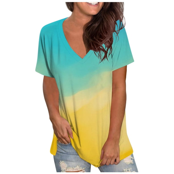 Blusa de camiseta informal con estampado de manga corta y cuello en V de verano para mujer a la moda OAVQHLG3B Store lin121212