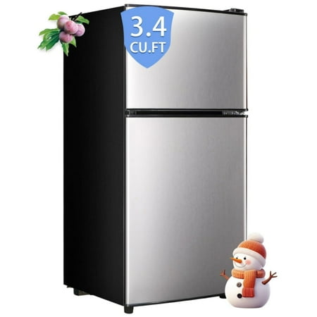 Compact Refrigerator, 3.4 Cu.Ft Mini Fridge with Double Door, Dorm Refrigerator with freezer, 7 Level Adjustable Thermostat Control Perfect for Kitchen Dorm Apartment Office, Silver
