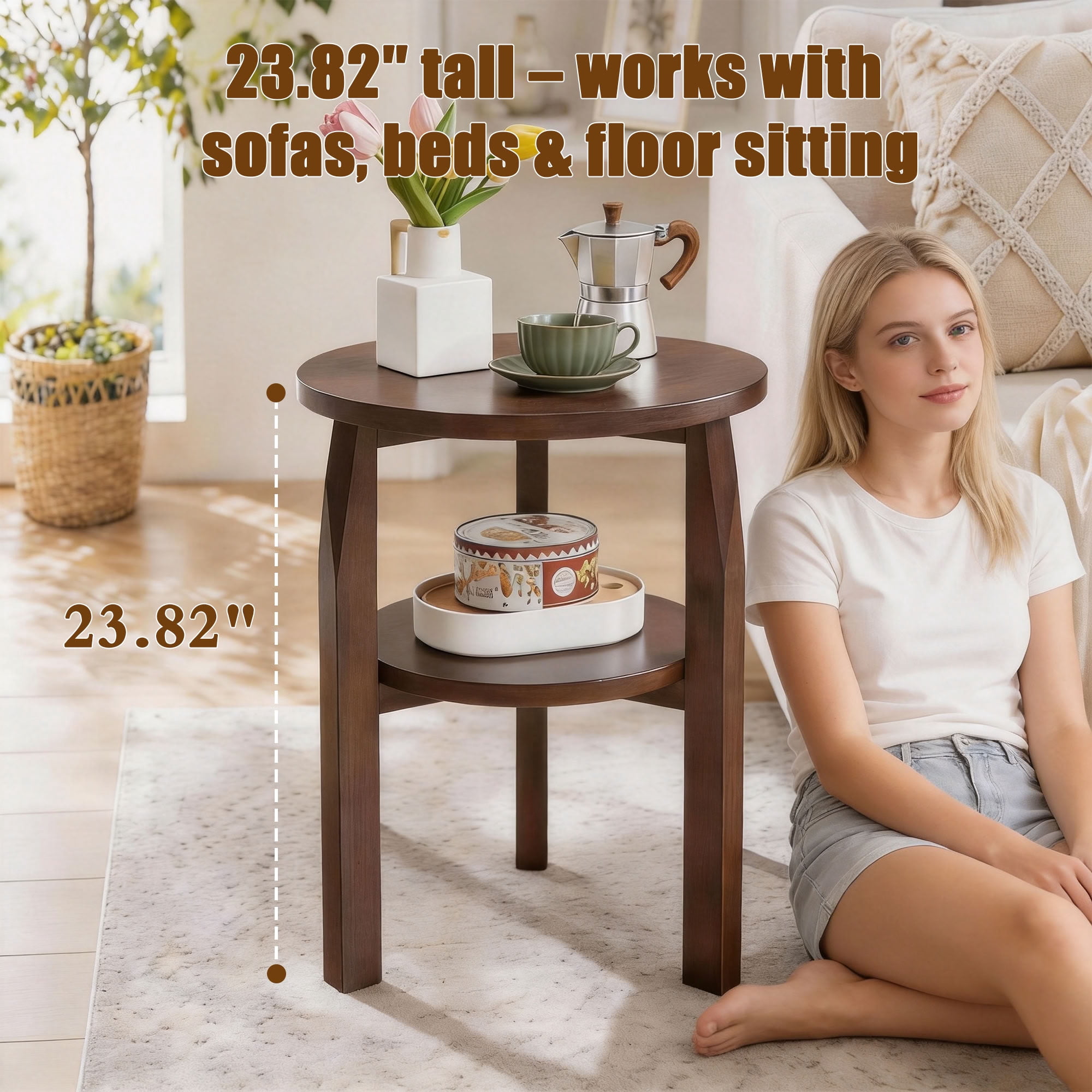 MAYEERTY Solid Rubberwood Round End Table with Storage Shelf, 2-Tier Wood Side Table, for Living Room Bedroom Small Apartments