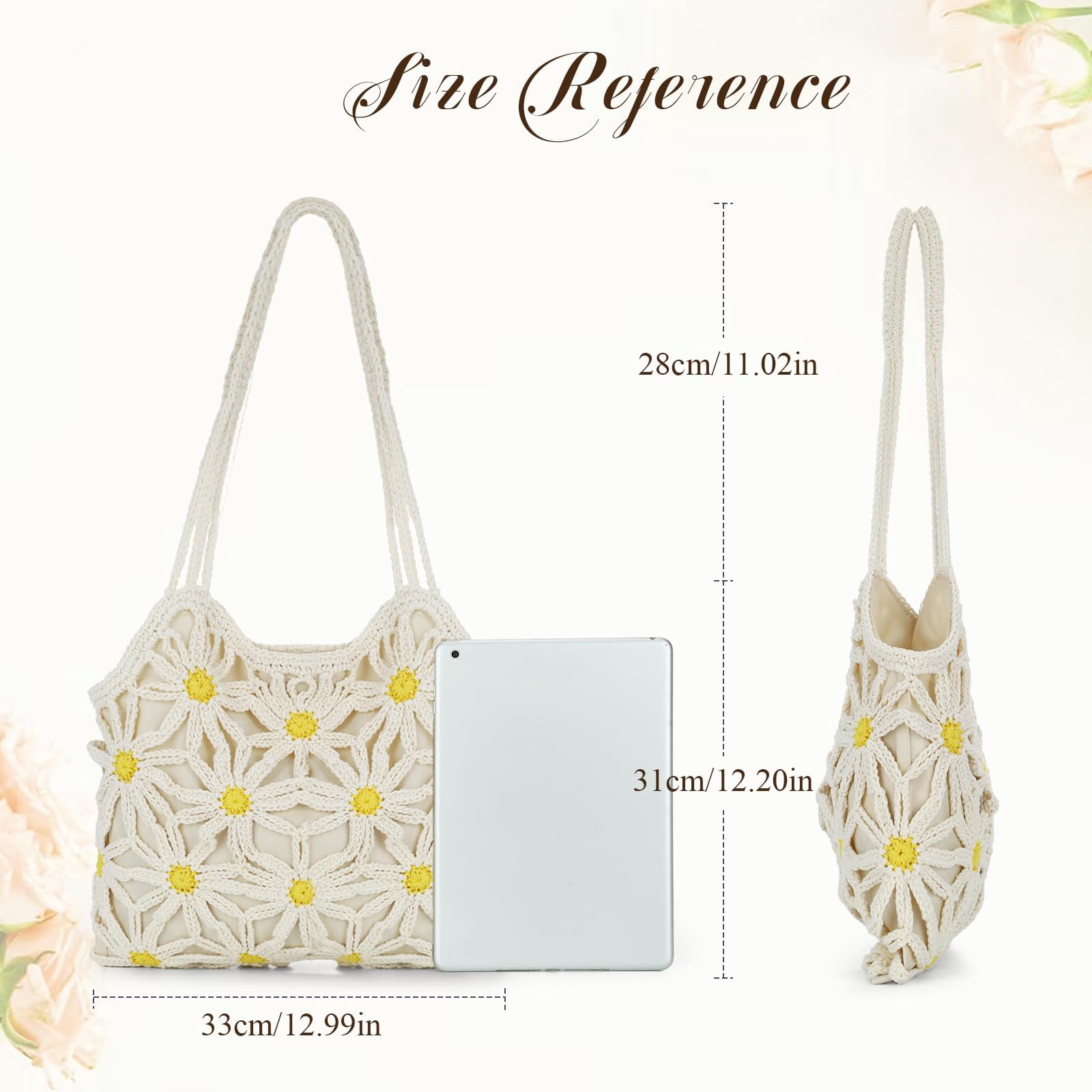 Women's Summer Crocheted Beach Tote Bag, Mesh Floral Knit Shoulder Bag