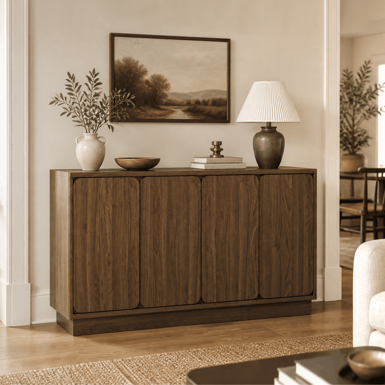 Mintazer 59.1"W Sideboard Buffet Cabinet with Adjustable Shelves, 4 Door Storage Credenza Cabinet for Dining Room Kitchen Living Room, Entryway, Walnut