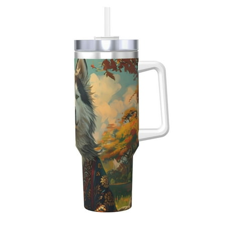 

Cauagu Forest Maple Leaf Husky Print Stainless Steel Vacuum Insulated Tumbler 40oz Water Bottle with Handle & Flip Straw Reusable Travel Coffee Mug for Women & Men