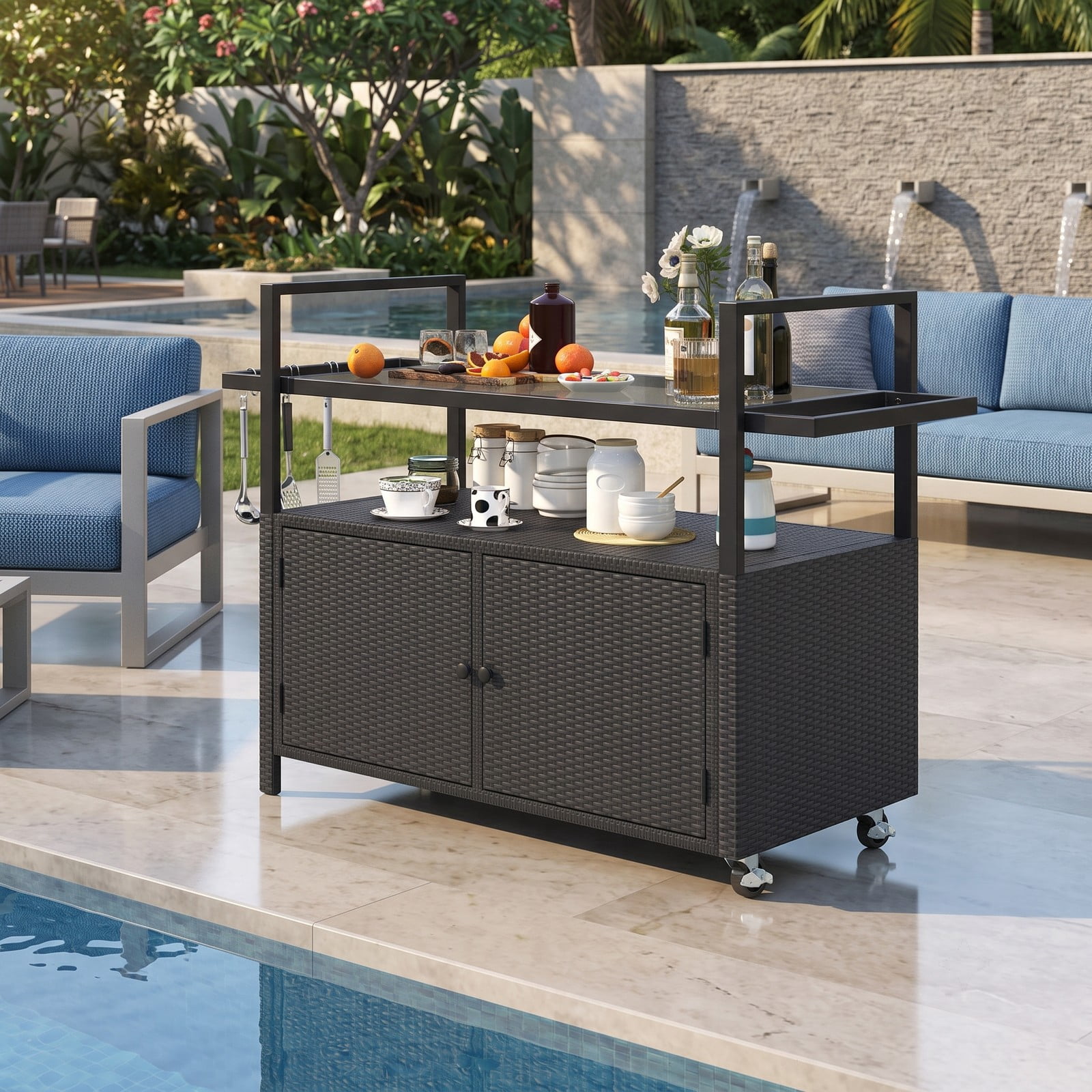 Furnibear Outdoor Bar Cart, Wicker Buffet Serving Cart with Tempered Glass Top, 2-Door Cabinet, Open Shelf and 8 Removable Hooks, Rolling PE Rattan Kitchen, Black