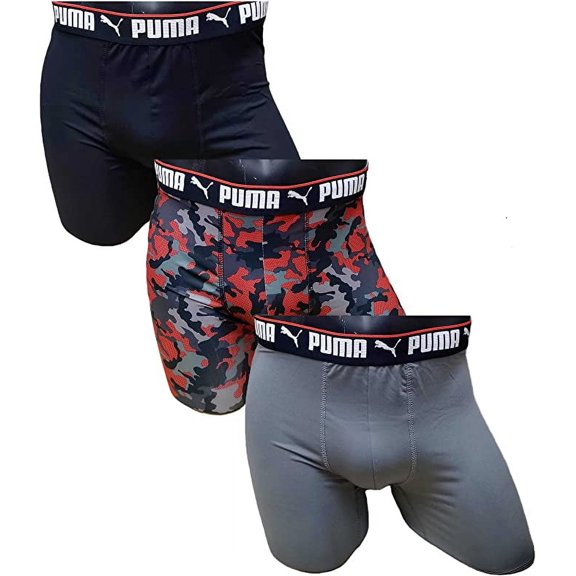 PUMA Men's 3 Pack Performance Boxer Briefs, Black/Red Camo/Grey, Small