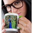 thumbnail image 2 of 3drose, a Peacock Proudly Displaying and Shaking His Plumage to His Mates, 11oz Two-tone Green Mug, 2 of 6