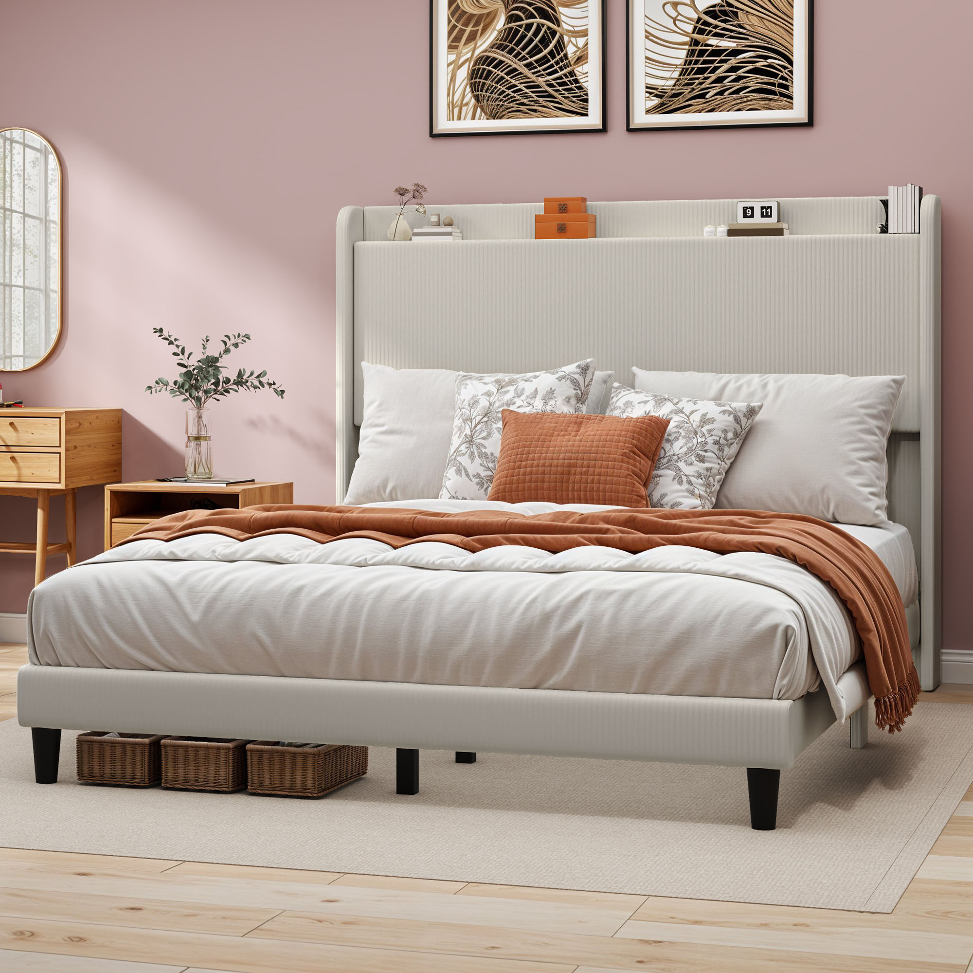 Uforic Corduroy Queen Bed Frame with Adjustable Headboard, Sturdy Slats, No Box Spring Needed, Beige