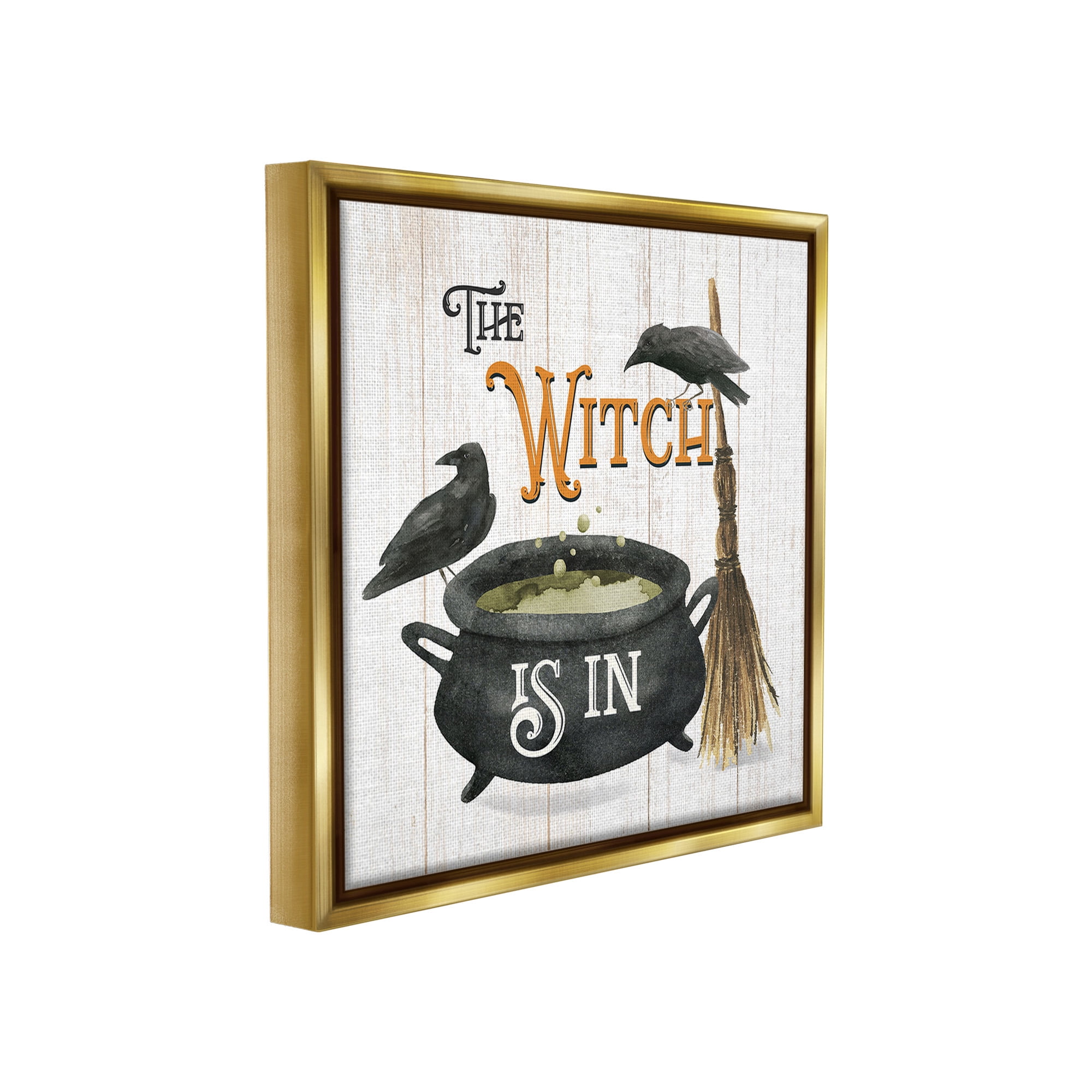 Stupell Industries Witch Cauldron & Crows Holiday Painting Gold Floater Framed Canvas Art Print Wall Art, 18 x 18