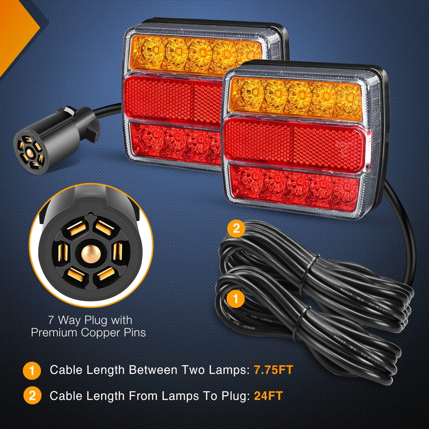 Nilight Magnetic LED Trailer Towing Light Kit 24ft Cable with 7 Pin Plug Tail Stop Amber Turn Signal License Plate Light on 12V RV Pickup Trucks Marine Boats Trailers, 2 Year Warranty (5 Wire System)