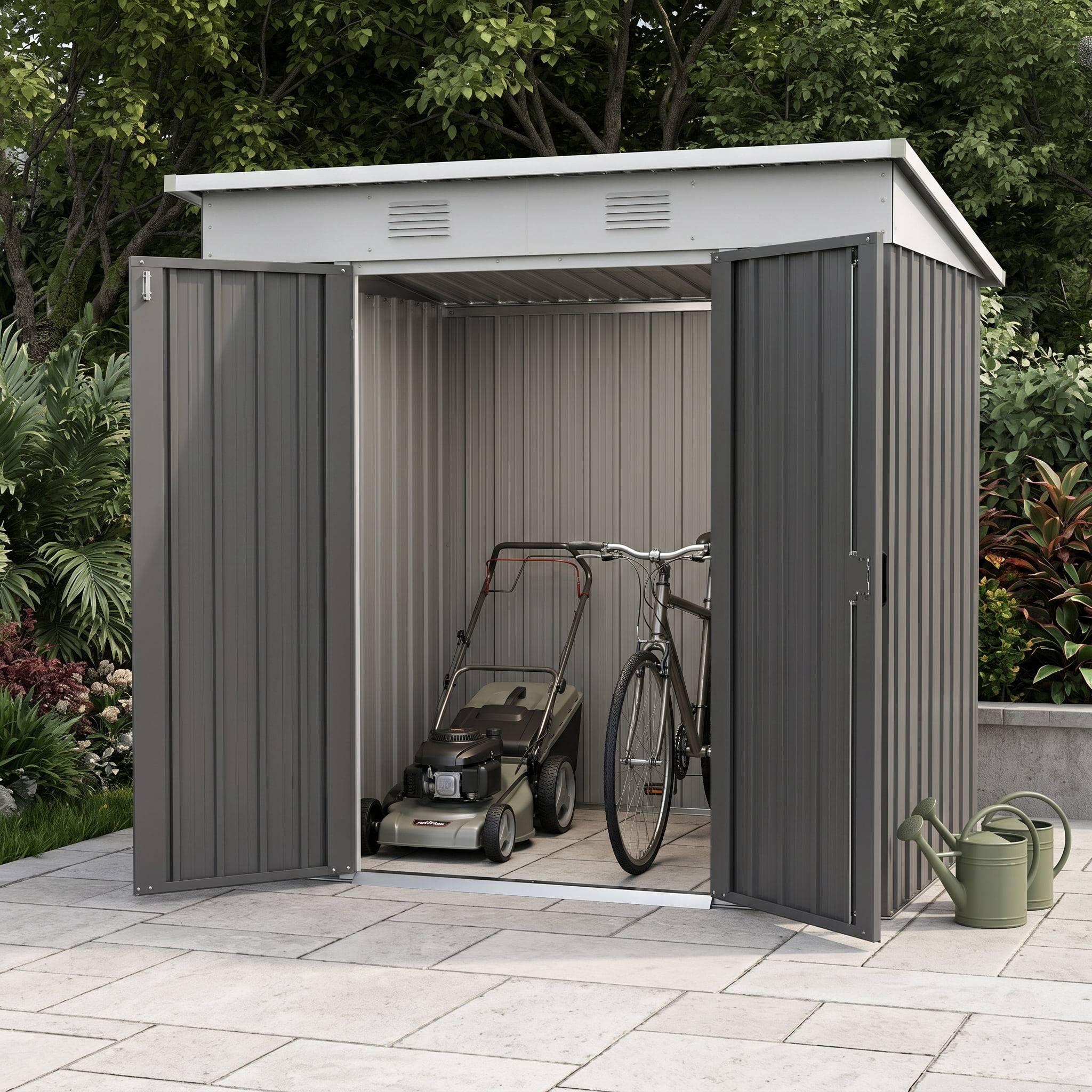 Zateety 6' X 4' Metal Lean To Garden Shed, Outdoor Storage Shed, Garden Tool House with Double Sliding Doors, 2 Air Vents for Backyard, Patio, Lawn, Gray