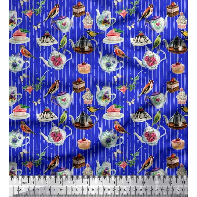 Soimoi Modal Satin Fabric Bird,Tea Kettle & Cupcake Food Print Sewing Fabric Yard 42 Inch Wide