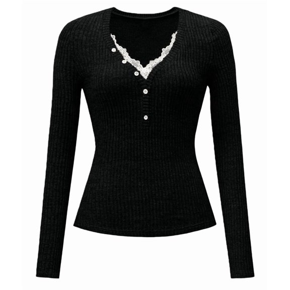 Women Lace Henley T Shirts Button Down Slim Fit Tops Long Sleeve V-Neck Tunic Top Blouse Black L