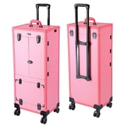 Byootique Pink Rolling Makeup Case on Wheels Pro Cosmetic Artist Hair Stylist Barber Trolley Multifunction Lighted Lockable