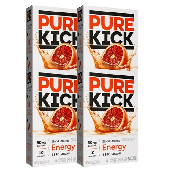 Pure Kick Energy Singles To Go Drink Mix Blood Orange Low-Calorie Sugar Free Water Beverages Good Source of Vitamins Drinking Mix Packet On the Go Refreshing Drinks 4 Boxes ( Makes 24 Servings)