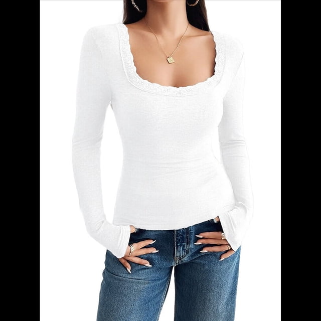 Camisas de Larga para Mujer, Cuello Cuadrado, Tops Cortos de Punto Acanalado, Conjuntos de Otoño, Ropa de Moda M