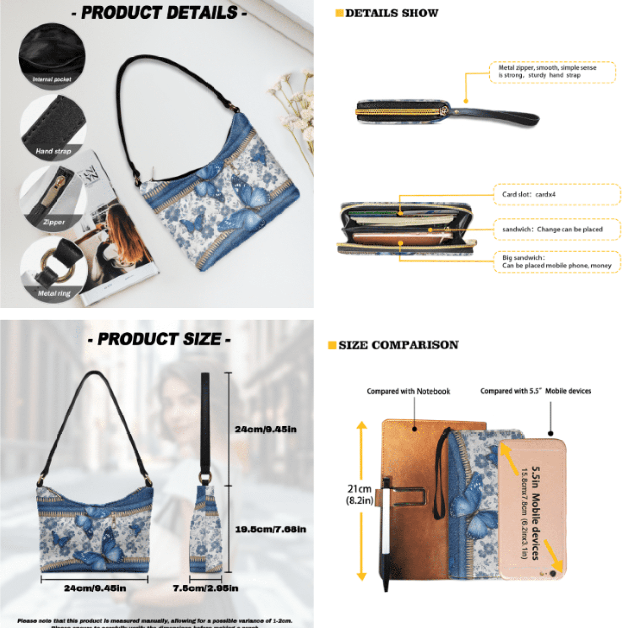 Tutolipy Butterfly Denim Pattern 3 Piece Shoulder Purse for Women, Lightweight Long Purse, Personalized Everyday Fashion Underarm Shoulder Bag for Shopping