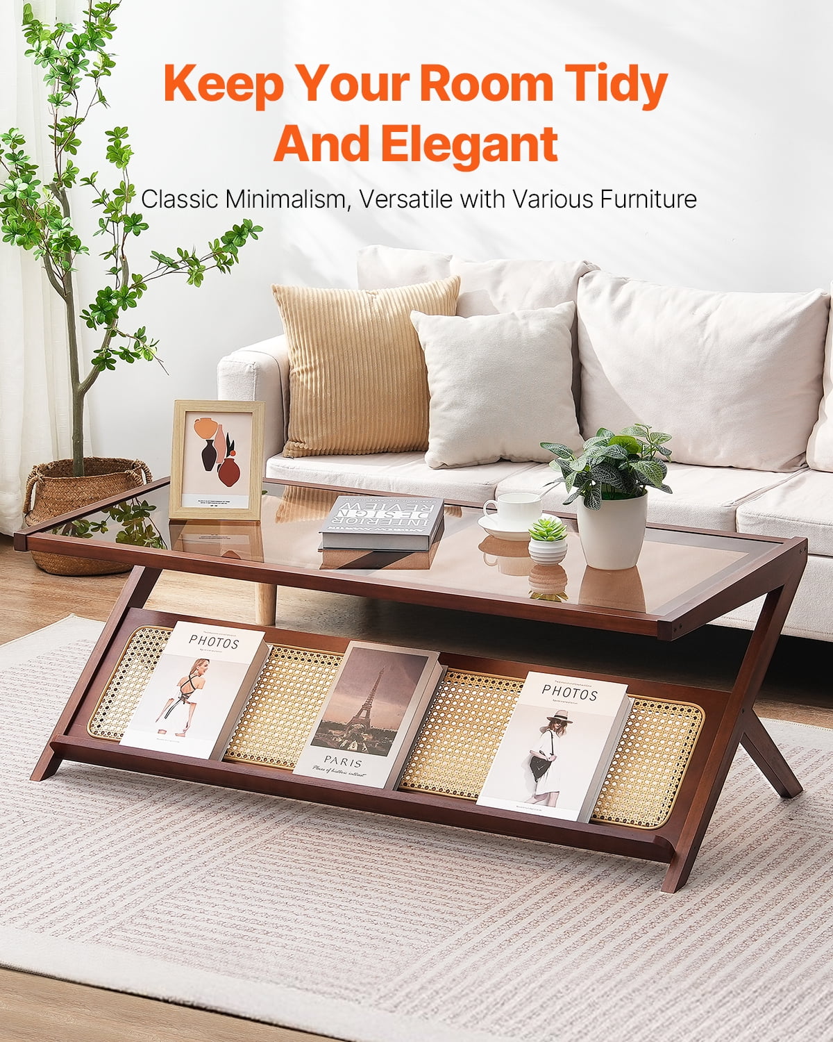 KFFKFF Wicker Coffee Table, Z-Form Wicker Weaved Bamboo Table with Hardened Glass Surface, 47” Contemporary Bohemian Storage Table with Authentic Bamboo Supports, for Lounge, Sleeping Quarters