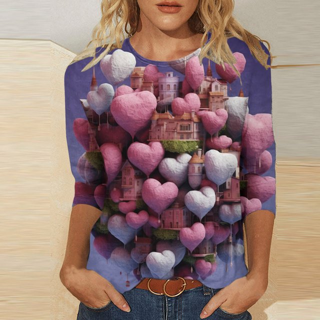 Qertyioot Chemise Ample à Manches 3/4 pour Femmes T-shirts Imprimés Mode Saint-Valentin Col Rond Hauts Décontractés