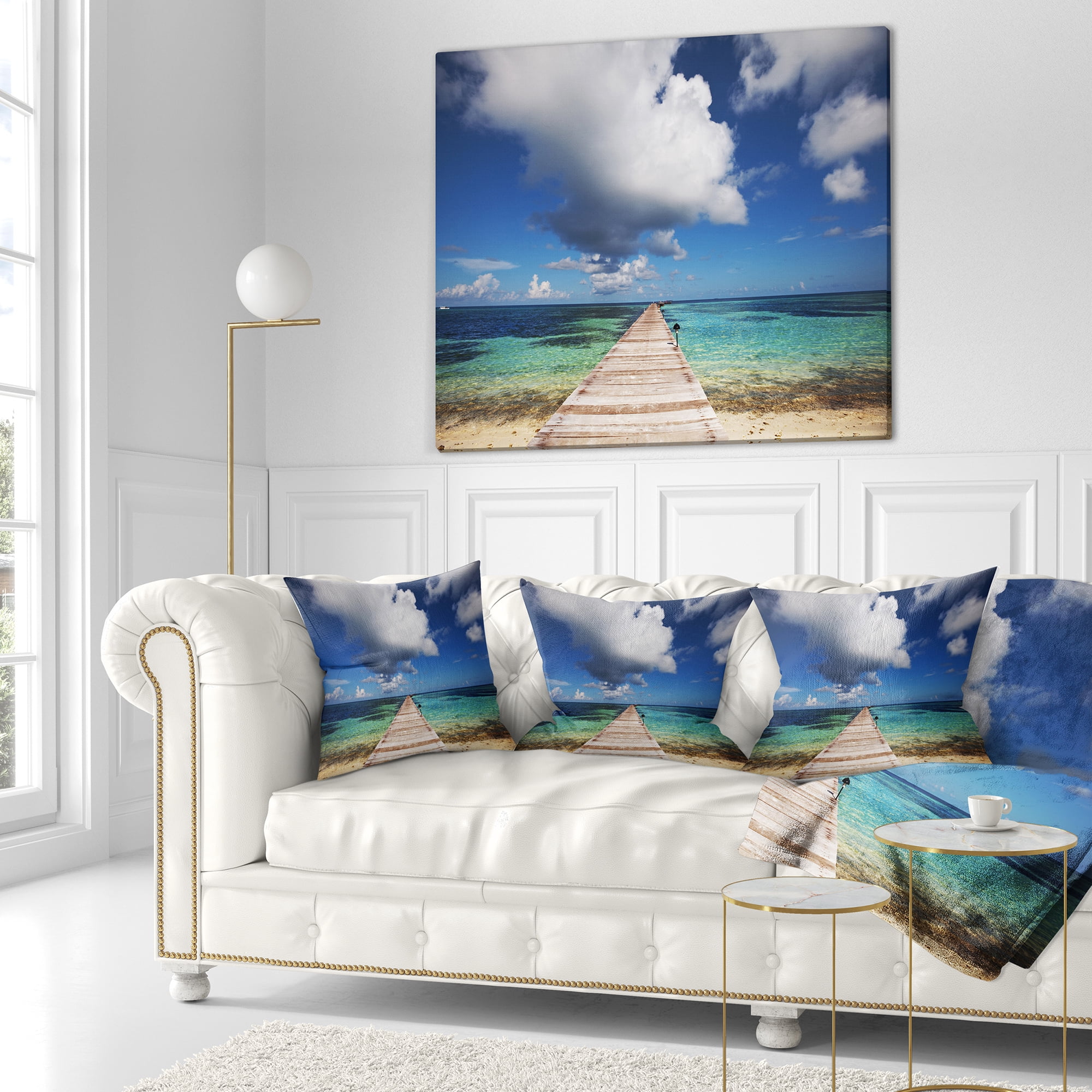 Designart Long Pier into Serene Maldives Ocean - Bridge Throw Pillow - 16x16