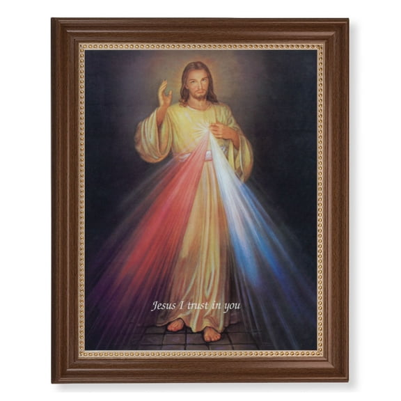 Divine Mercy Picture Framed Wall Art Decor Extra Large, Classic Dark Walnut Finished Frame with Gold Beaded Lip